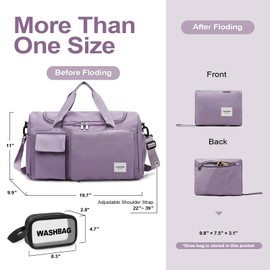 WOOMADA Foldable Travel Duffel Bag with Shoes Compartment, Overnight Bag with Wet Pocket, Weekender Carry On with cosmetic bag for Women(grayish purple)