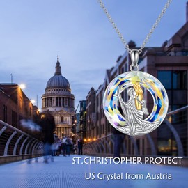POKIMI Saint Christopher Medal Necklace Sterling Silver Crystal Necklaces for Women St Christopher Protect Us Pendant Necklace Guardian Religious Jewelry Silver Tone Jewelry Gifts for Women Men Girls Friends, Sterling Silver, Cubic Zirconia
