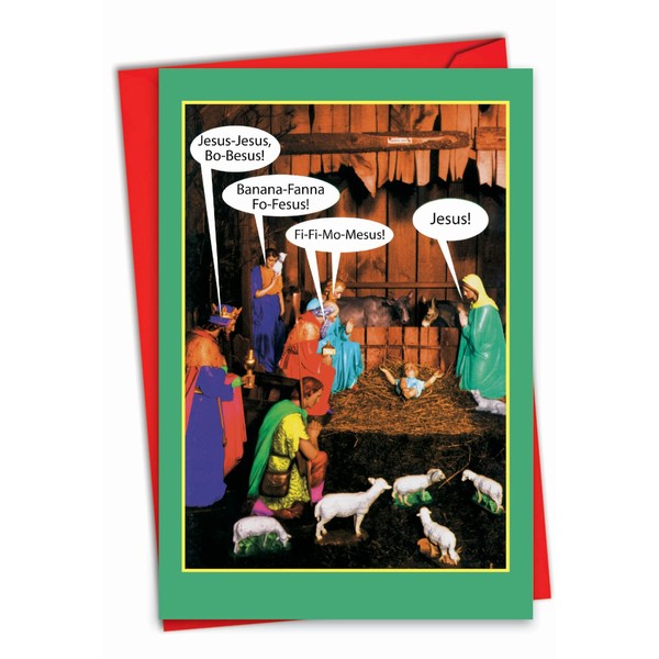 NobleWorks - Funny Merry Christmas Card with Envelope - Xmas Notecard for the Holidays - JesusBoBesus 1348