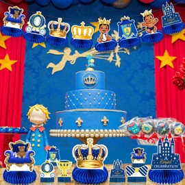 14 Pieces Royal Prince Themed Honeycomb Centerpiece Blue Little Prince Table Decoration African American Prince Birthday Baby Shower for Boy Kids' Party Supplies