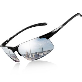 Bircenpro Sunglasses for Men Polarised: UV Protection Carbon Fibre Temple Sports Sunglasses for Driving, H-black frame silver lens