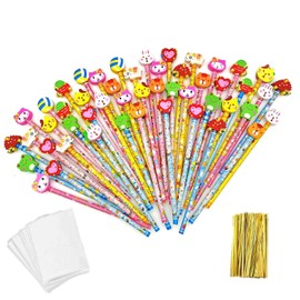 JZK 50 x Wooden graphite pencils set with cartoon rubber erasers for kids children party favours give away thank you gift party bag filler birthday for boys girls