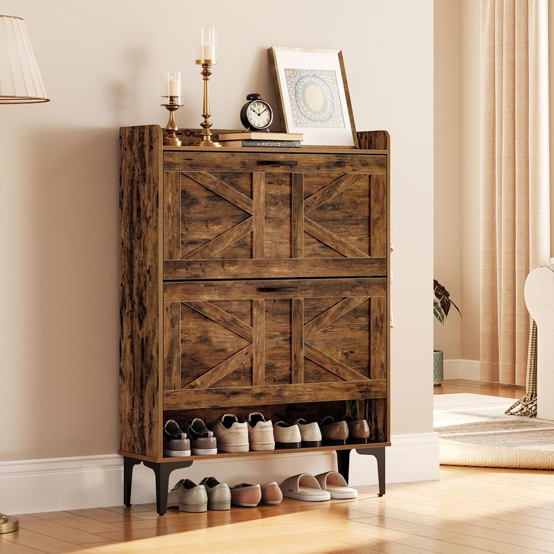 MAHANCRIS Shoe Storage Cabinet, Shoe Organizer with 2 Flip Drawers,
