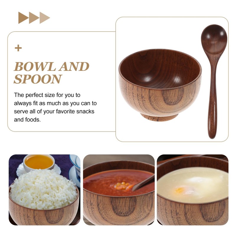 STOBAZA 2 Set Wooden Bowl and Spoon Set Tableware for