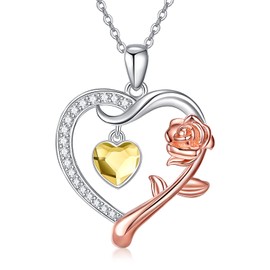 CHENGHONG Women's Rose Necklace 925 Sterling Silver Heart Pendant with 12 Birthstone Gifts for Christmas Mum Daughter, Sterling Silver, Roses