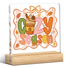 Fall Decor, Autumn Room Decor, Fall Decorations for Home, Cozy Season Sign, Autumn Harvest Rustic Thanksgiving Square Acrylic Sign with Wooden Stands for Kitchen Office Bathroom Bedroom - Drink