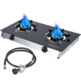 Llamaviva 2 Burner Propane Gas Cooktop, Portable Tempered Glass Double Stove with Auto-Ignition, 19,000 BTU Total Output, CSA-Certified Regulator & Hose, for Camping, RV, Outdoor Kitchen & BBQ