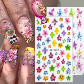 Flower Nail Art Stickers 5D Embossed Gel Nail Decals Summer Hibiscus Flower Butterfly Nails Designs Self-Adhesive Colorful Flowers Petal Slider Decal DIY Manicure Stickers Accessories, 3Pcs
