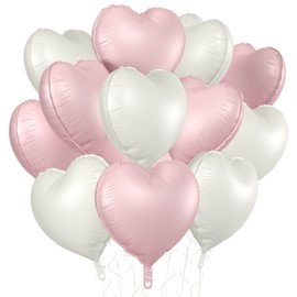 KALOR Pastel Pink and Sand White Heart Balloons, 12Pcs 18 Inch Heart Shaped Foil Balloons for Valentines Day, Wedding, Bridal Shower and Birthday Party Decorations