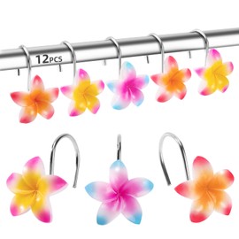 Shower Curtain Hooks Decorative Metal Shower Curtain Rings Rust Proof Shower Hooks for Curtain Tropical Summer Hawaiian Plumeria Bathroom Decoration Flower Shower Rod Hooks Pack of 12