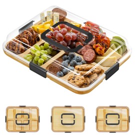 SpaceAid Charcuterie Board with Clear Lid, Portable Travel Cheese Cutting Boards for Picnic Accessories, Bamboo Serving Tray with Lids, House Warming Gifts, Black Handles, 8 Compartments
