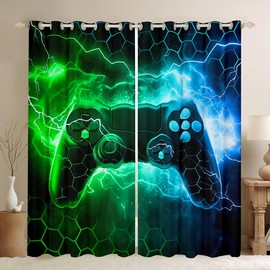Feelyou Kids Boys Green Gamer Window Curtains Toddler Honeycomb Gaming Blankout Curtains Lightning Gamepad Darkening Drapes Game Room Decor Window Treatments (2 Panels, 38 x 45 Inch)
