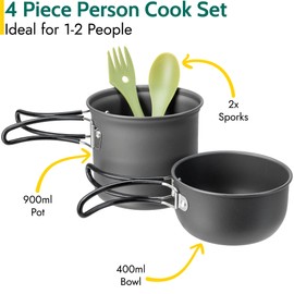 Trail Camping Cookware Set, 1-2 Person Outdoor Hiking Camp Cooking Kit, Non Stick Hard Anodised Aluminium, 400ml & 900ml Cook Pots/Bowls, 2 x PP Sporks, Lightweight Portable Stackable with Mesh Bag