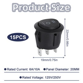 Rocker Switch, Rocker Switch, Round Black Rocker Switch, 3 Positions, Rocker Switch, 12 V, 3 Pole for Vehicles, Ships and Communication Devices, Pack of 15
