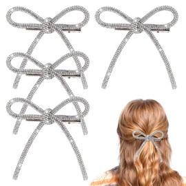 4 Pcs Silver Hair Bows Crystal Prom Hair Decoration Bow Rhinestone Hair Clips for Women Rhinestone Hair Accessories Non-Slip Jeweled Bowknot Clips Duckbill Hair Barrettes for Thick Long Short Hair