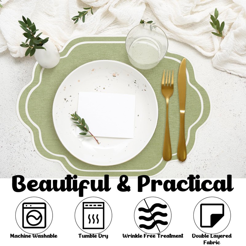 Breling 6 Pcs Sage Green Wedding Placemats Scalloped Embroidered Cotton