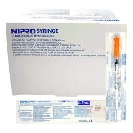 Nipro JD-0.3U3008/IB Jeringas Descartables con Aguja de 8mm para Insulina X 100 Unidades de 0.3mL