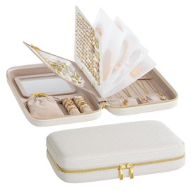 SONGMICS HOME Jewelry Organizer Box with Mirror, Travel Jewelry Case, Jewelry Pouch, Woven Embossed PU Leather, Hard Shell, Large Capacity, Christmas Gifts for Girls and Women, Cloud White UJBC204W01