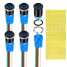 DaierTek Latching Push Button Switch 12V Pushbutton Switch Blue LED 12 Volt Push Button Switch Metal Waterproof ON Off Switch 16mm with Label -5Pack