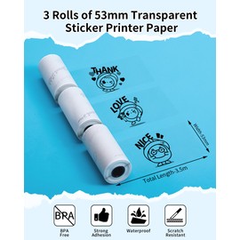 Phomemo Transparent Paper for M02 M02PRO M02S T02 M02X M02L Mini Sticker Printer, Compatible with M03 M03AS M04S M04AS M832 M833 Portable Thermal Printer, 50mm x 3.5m, 3 Rolls