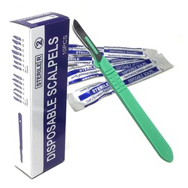 Box of 10 Disposable Surgical Sterile Scalpel Blades #10 Made of Carbon Steel with Sturdy Graduated Plastic Handle for Lab Students, Cutting, Carving, Repairing, Dermaplaning + More