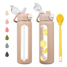 chunmo 24 oz Glass Water Bottles with 2 Lids-Handle Spout Lid & Straw Lid, Motivational Water Bottle with Time Marker and Silicone Sleeve,Leakproof-Amber-1 Pack