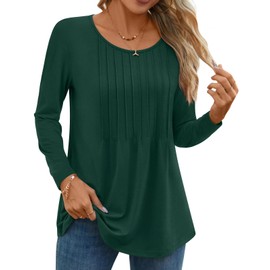 TAOHUADAO Women Fall Long Sleeve Tops Pleated Crew Neck Tunic Casual Dressy Blouse Shirts, Blackish Green M