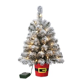 Haute Decor 20 Inch Potted Night Night™ Tree in Red Metal Santa Belt Pot (Snowy Flocked with Clear Lights) - Night Light Christmas Tree