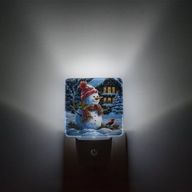 Merry Christmas Snowman Night Lights Cute Red Cap Snowman with Bird Farmhouse Plug-in LED Night Lamp with Auto Dusk-to-Dawn Sensor White Light Ultra Low Power for Bedroom/Bathroom/Hallway/Kid's Room