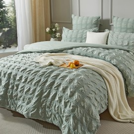 Luofanfei Seersucker Bed Linen 135 x 200 cm Green Sage Green Summer Cooling Striped Checked Plain Pattern Summer Bed Linen Breathable Lightweight Duvet Cover Single Bed and Pillowcase 80 x 80 cm