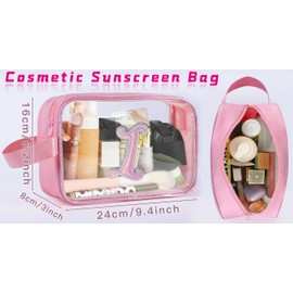 COSHAYSOO Clear Makeup Bag Preppy Initial Letter Cosmetic Toiletry Sunscreen Pouch Travel Essential Accessories Gifts for Women Girls Weekend Summer Holiday Airplane Plane Cruise Traveling Pink I