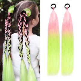 Rainbow Ponytail Extensions With Hair Tie 2 Packs 50g/Pack Coloured Hair Extensions for Braiding 26 inch Colorful Ombre Mermaid Pony Tail Synthetic Hair Extensions for Girl Women S21