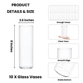 10 Pack Glass Vases for Centerpieces, 8 Inch Tall Small Clear Glass Flower Vase Cylinder Vases for Centerpieces Wedding Home Table Decor