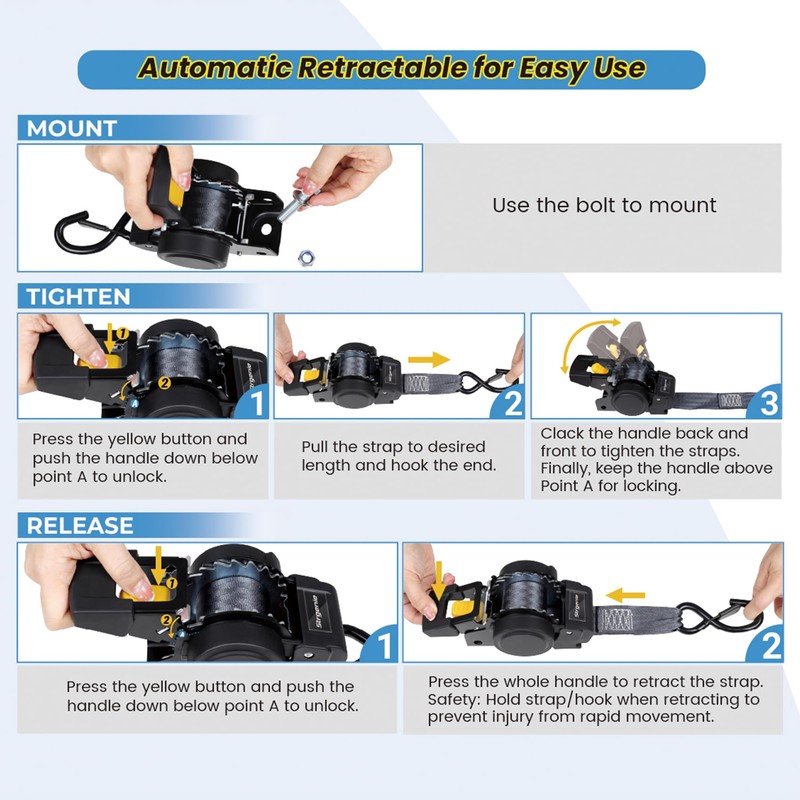Strgenie Bolt on Ratchet Straps 1INx5FT Auto Retractable Ratchet Tie