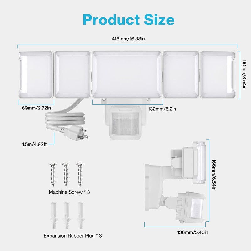 Olafus 130W Motion Sensor Outdoor Light Plug in, Motion Flood