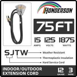 HONDERSON 3-Outlets Indoor Outdoor Extension Cord Weatherproof with Lighted End, UL Listed, 12 Gauge 75FT Black 3 Prong Heavy Duty, 12/3 SJTW 15A Power Cord