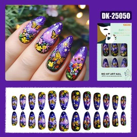 CJDLTS Purple Press on Nails Almond Medium Butterfly Colorful Flower Pattern Design Full Cover Glossy Acrylic Fake Nail Spring Blossom Stick on Nail 24Pcs DIY Press Ons Glue on Nails for Women