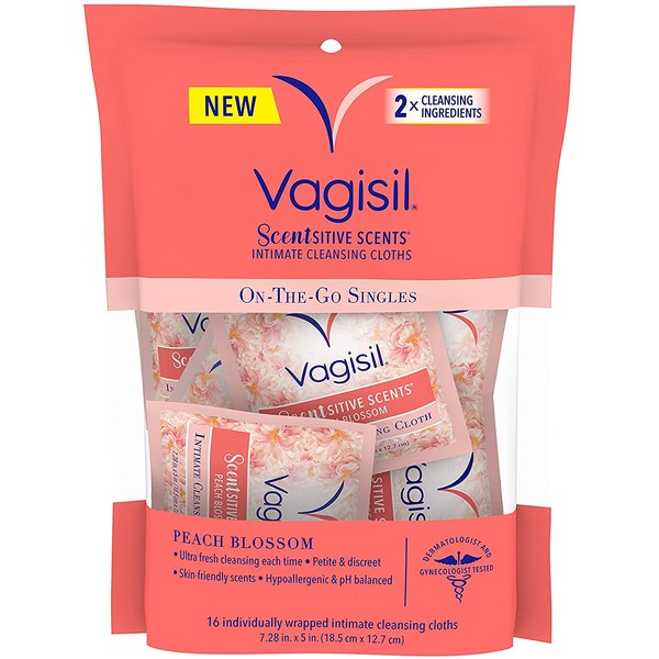 Vagisil Scentsitive Scents On-The-Go Feminine Cleansing Mini Wipes, pH Balanced, Peach Blossom, Individually Wrapped, 16 Count