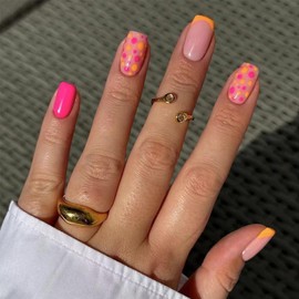 Medium Length French Nails - 24pcs Hot Pink Stick On Nails - Colorful Dot Fake Nails With Glue in 12 Sizes - Removable Glossy Full Cover Acrylic nails with Nail File & Nail Sticky Tabs