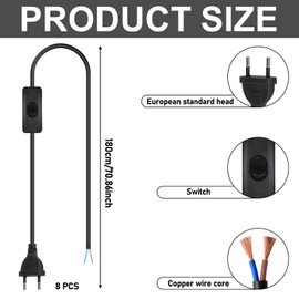 Pack of 8 Power Cable with Plug and Switch, 1.80 m Black Connection Cable with Euro Plug, H03VVH2-F2 x 0.75 mm², for Lights, Lamps, Bulbs