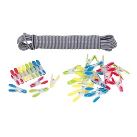 25m Washing Line rope Extra Strong Steel Core 3.5mm Indoor/Outdoor Heavy Duty Clothes Line - Grey & 20 x Soft Grip Clothes Pegs Strong Plastic Laundry Pegs for Clothes Line Pegs - Bright Colours