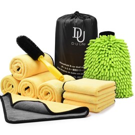 Car Cleaning Kit, Microfibre Washing Towels Double Sided Thickened 30 x 60cm 30 x 30cm Exterior Drying Towel, Wheel Cleaning Brush Car Wash car valeting kit Mitt (Noodle Car Cleaning Kit)