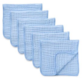 Muslin Burp Cloths 10 Pack Large 100% Cotton Hand Washcloths 6 Layers Extra Absorbent and Soft (White) (Blue, Pack of 10)
