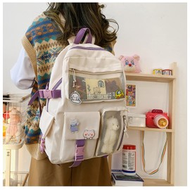 HUAFOOK Kawaii Backpack with Kawaii Pin Cute Accessories ?Kawaii Girl Backpack Cute Backpack Cute Aesthetic Backpack for School (Beige,One size)