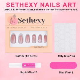 Sethexy Pink French Press On Nails Cat Eye Medium Coffin False Nails with Design 24PCS Glossy Full Cover Art Fake Nail for Women and Girls (2)