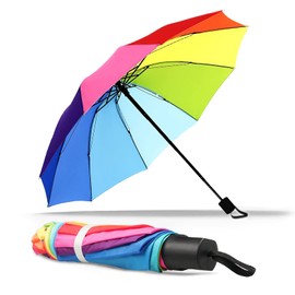 Gelasgo Compact Travel Umbrella, Portable Folding Windproof and Rainproof Rainbow Umbrella, 10 Ribs Strong and Fastened Umbrella for Adult Men and Women, Different Seasons