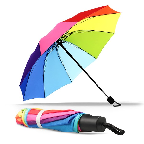 Gelasgo Compact Travel Umbrella, Portable Folding Windproof and Rainproof Rainbow