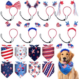 Bulyoou 16 Pcs 4th of July Accessories for Pet Include 8 Patriotic Head Boppers Headband Patriotic Headbands Head Bopper and 8 Dog Bandanas Patriotic Pet Scarf for Independence Day Party Supplies