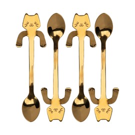 JANKOW 4PCs Cat Spoon Coffee Teaspoon, Stainless Steel Hanging Cup Tea Spoon, Dessert Scoop for Stirring Drink, Mixing Milkshake Jam, Set of 4 (Gold) for Tea, Coffee, Dessert