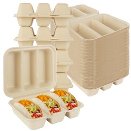 LOPYXBR 50 PCS Disposable Taco Holders with Lids Taco Plates with 3 Dividers Taco Trays Disposable Taco Holders for Party Pulp Fiber Taco Holder Plates for 3 Taco Bar Serving Set for a Party